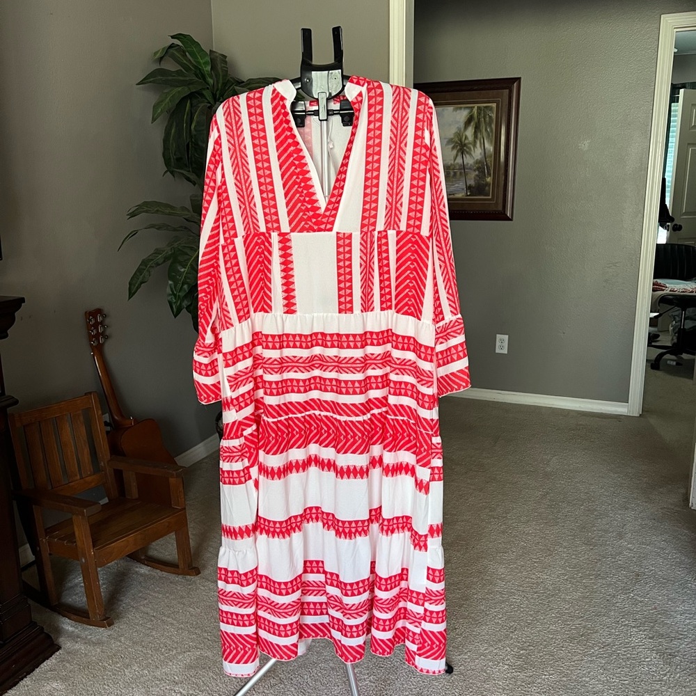 Silk and Salt Red and White Tiered Caftan Dress NWT!